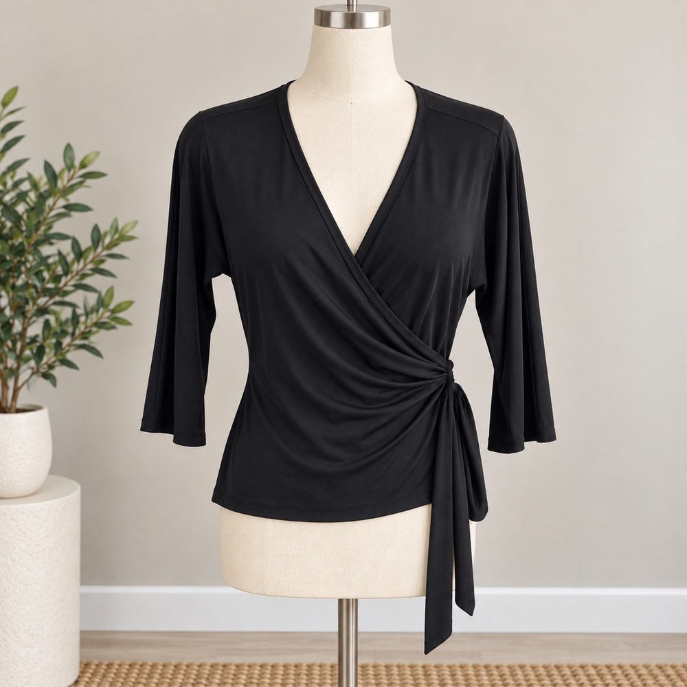 Kate Hill Wrap Top Black 3/4 Sleeve Surplice Side Tie Jersey Blouse PM